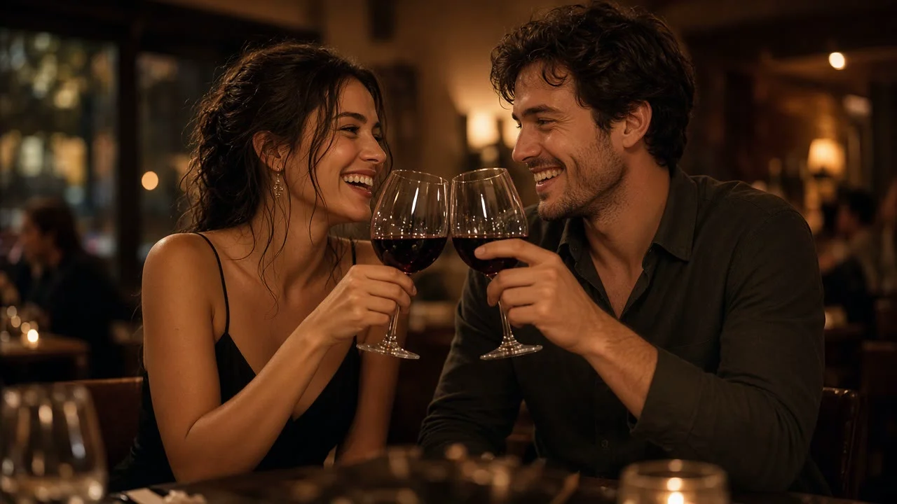 Young couple toasting with wine at a restaurant table